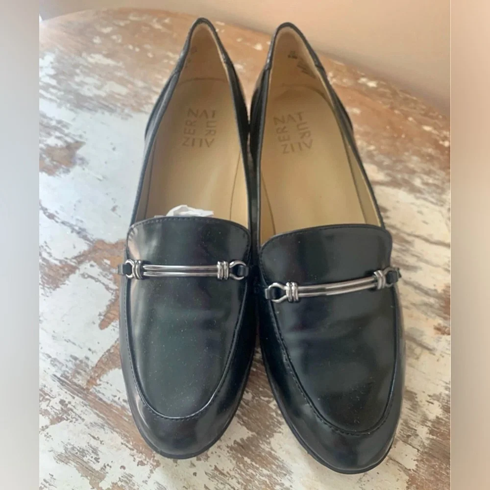 Naturalizer Black Leather Loafers with Silver Accent